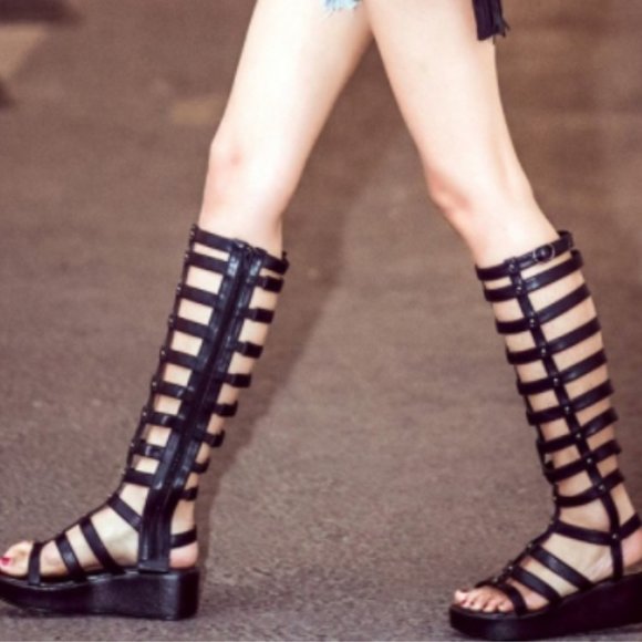FSJ Shoes - FSJ Black Knee High Gladiator Sandals Platform